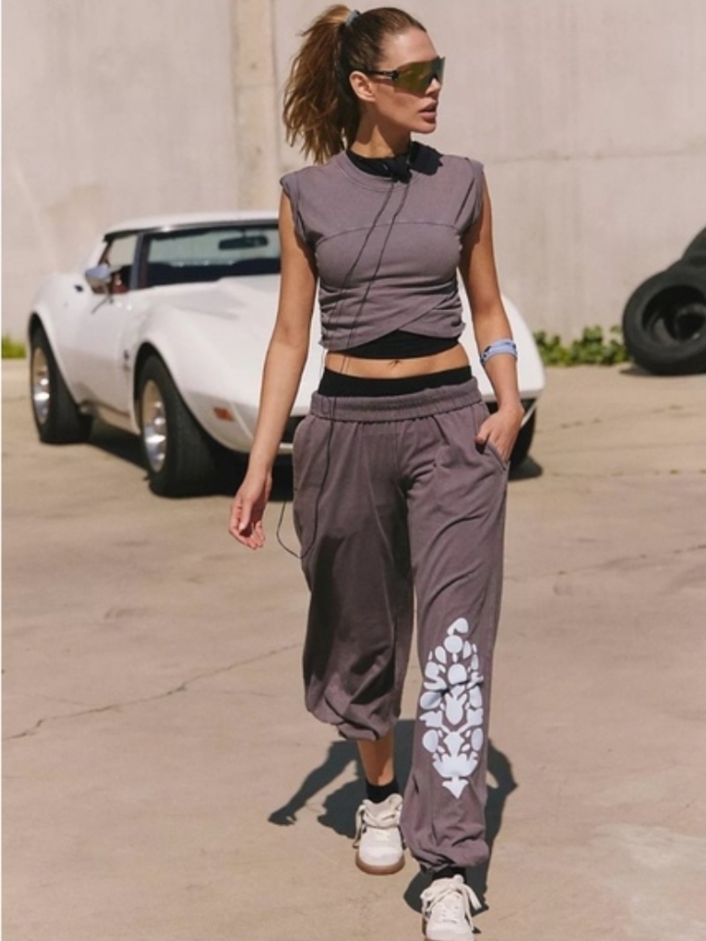 Free People Gray Track Joggers with White Graphic Medium